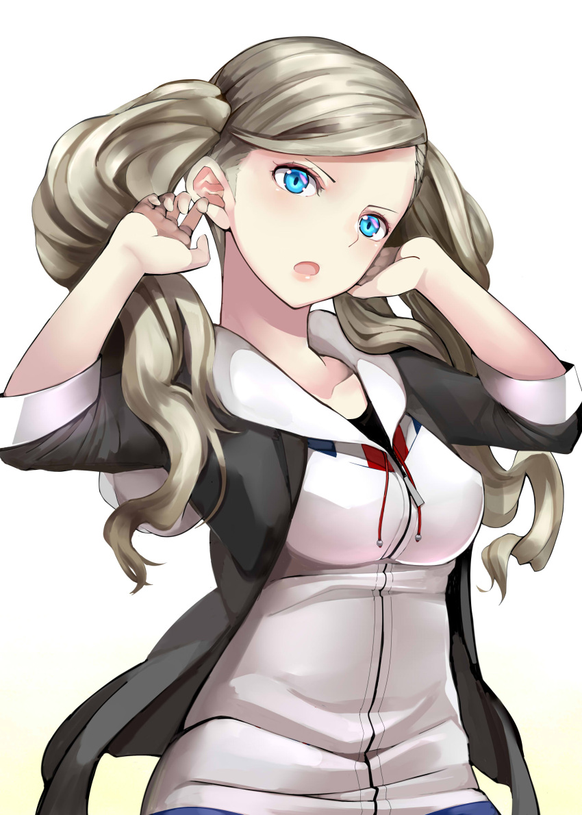 1girl absurdres angry atlus bangs black_jacket blue_eyes breasts collarbone covered_nipples floating_hair hands_in_hair highres jacket long_hair medium_breasts megami_tensei moe nemu_(nebusokugimi) open_clothes open_jacket open_mouth parted_bangs persona persona_5 shiny shiny_hair silver_hair simple_background sleeves_rolled_up solo standing takamaki_anne upper_body very_long_hair white_background white_cardigan