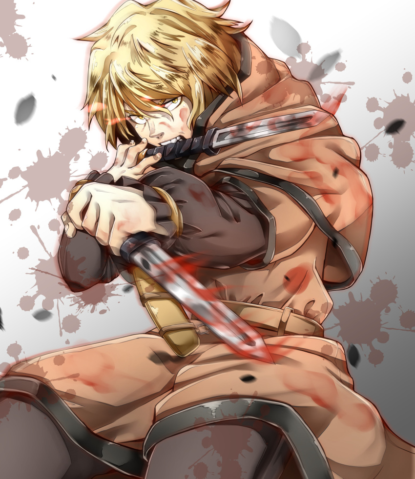 1boy belt blonde_hair blood blood_splatter bloody_weapon fighting_stance highres holding holding_knife hood hood_down imo_(evekelu-111) knife long_sleeves looking_at_viewer male_focus mouth_hold slashing solo splatter_foreground standing thorfinn vinland_saga weapon yellow_eyes