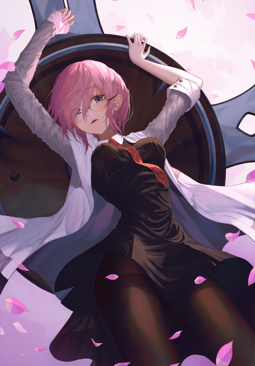 1girl absurdres black_dress black_legwear blue_eyes breasts cherry_blossoms cowboy_shot dress eyes_visible_through_hair fate/grand_order fate_(series) glasses grey_sleeves hair_between_eyes highres huge_filesize jacket long_sleeves looking_at_viewer mash_kyrielight medium_breasts necktie open_clothes open_jacket open_mouth pantyhose pink_hair red_neckwear rimless_eyewear shield short_dress short_hair solo standing thigh_strap white_jacket xeonomi