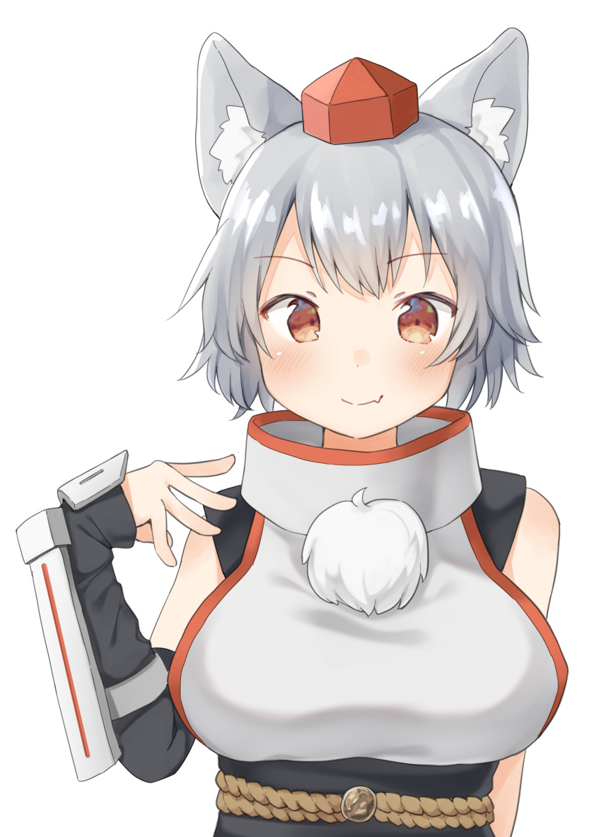 1girl absurdres animal_ears bare_shoulders blush breasts eyebrows_visible_through_hair fang hat highres inubashiri_momiji large_breasts light_smile looking_at_viewer mamemochi pom_pom_(clothes) red_eyes shirt short_hair silver_hair simple_background skin_fang sleeveless sleeveless_shirt solo tokin_hat touhou turtleneck upper_body white_background white_shirt wolf_ears
