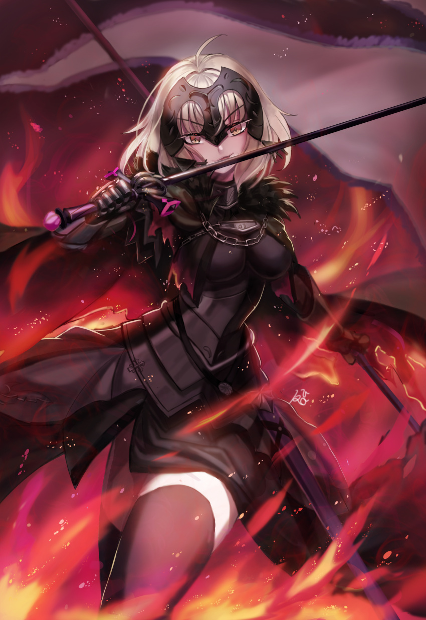 1girl absurdres armor armored_dress bangs banner breasts cape capelet chain cloak commentary_request fate/grand_order fate_(series) fiery_background fire flag fur-trimmed_cape fur_collar fur_trim gauntlets headpiece highres holding holding_flag holding_sword holding_weapon jeanne_d'arc_(alter)_(fate) jeanne_d'arc_(fate)_(all) kuro_(ning2763) large_breasts short_hair silver_hair solo sword thigh-highs tsurime weapon yellow_eyes