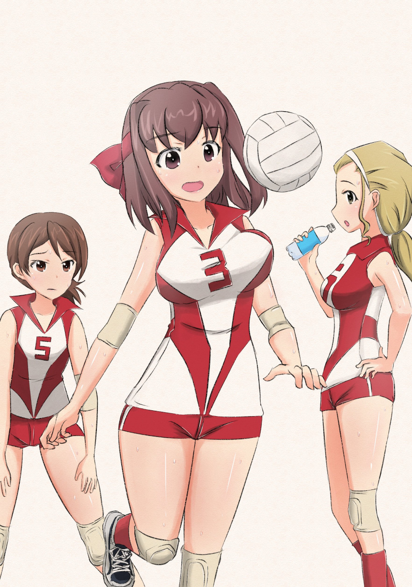 3girls absurdres bangs blonde_hair bottle bouncing_breasts breasts brown_eyes brown_hair closed_mouth commentary elbow_pads eyebrows_visible_through_hair frown girls_und_panzer hair_pulled_back hairband hand_on_hip hands_on_thighs headband highres holding holding_bottle kawanishi_shinobu knee_pads kondou_taeko leaning_forward leg_up long_hair looking_at_another looking_at_viewer medium_hair multiple_girls munisuke_(zrkt7883) open_mouth ponytail red_headband red_legwear red_shirt red_shorts sasaki_akebi shirt shoes short_ponytail short_shorts shorts single_vertical_stripe sleeveless sleeveless_shirt sneakers socks sportswear standing standing_on_one_leg sweat swept_bangs traditional_media volleyball volleyball_uniform water_bottle white_background white_footwear white_hairband