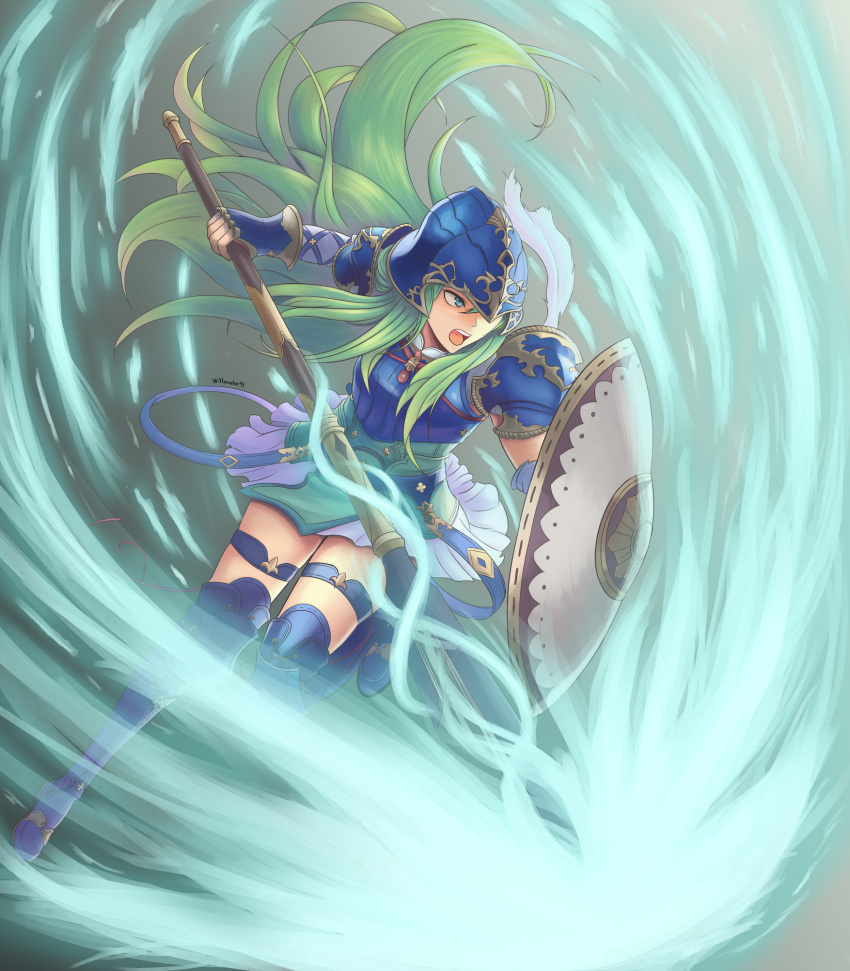 1girl armor artist_name fire_emblem fire_emblem:_path_of_radiance full_body green_hair helmet highres holding holding_shield long_hair nephenee open_mouth polearm shield skirt solo thigh_strap weapon white_skirt will_(willanator93)