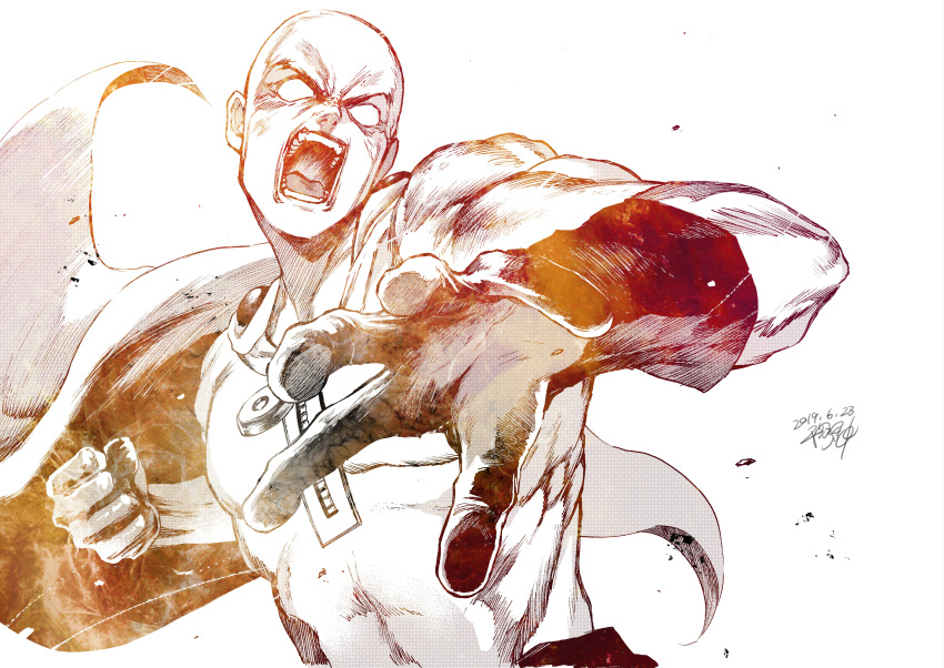 1boy absurdres bald blank_eyes bodysuit cape clenched_hand commentary gloves highres hiraoka_koushi huge_filesize male_focus monochrome muscle one-punch_man open_mouth punching saitama_(one-punch_man) superhero