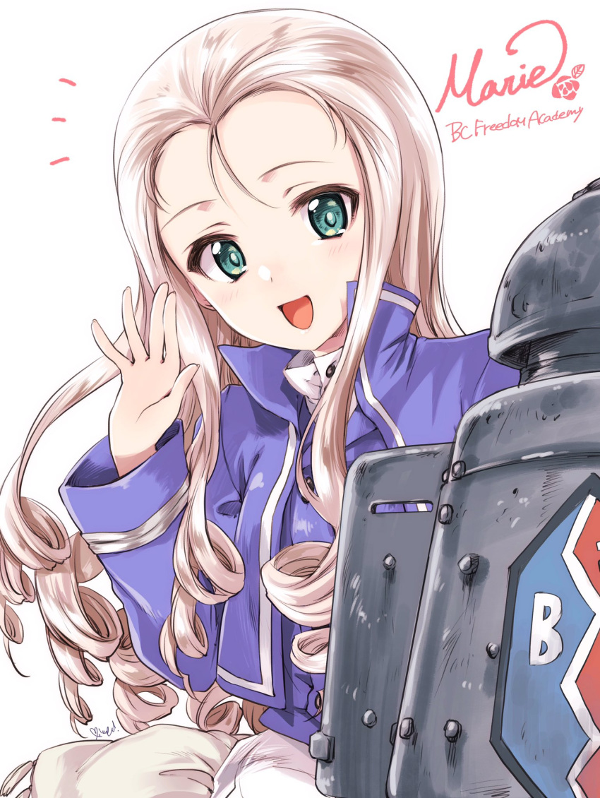 1girl bc_freedom_(emblem) bc_freedom_military_uniform blonde_hair blue_jacket blue_vest blush drill_hair emblem girls_und_panzer green_eyes ground_vehicle hand_up high_collar highres jacket kuroi_mimei long_hair long_sleeves marie_(girls_und_panzer) military military_vehicle motor_vehicle notice_lines open_mouth signature simple_background skirt smile solo tank vest white_background white_skirt