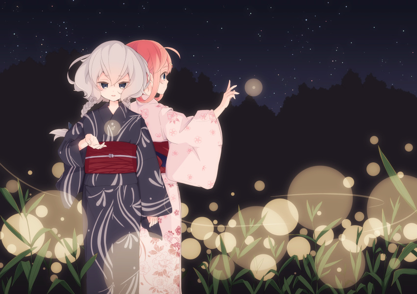 2girls ahoge black_eyes blue_eyes bow braid commentary_request fireflies hair_bow hair_ornament hair_ribbon hairclip haya_bs highres japanese_clothes kimono konno_junko low_twintails minamoto_sakura multiple_girls night obi outdoors plant ribbon sash sky star_(sky) starry_sky twin_braids twintails white_hair wide_sleeves yukata zombie_land_saga