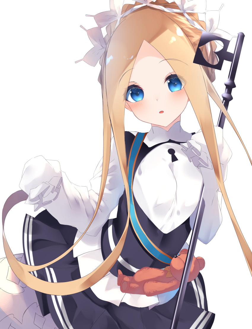 1girl abigail_williams_(fate/grand_order) absurdres bangs black_skirt blonde_hair blue_eyes blush braid breasts dress fate/grand_order fate_(series) forehead french_braid heroic_spirit_chaldea_park_outfit highres key keyhole long_hair long_sleeves looking_at_viewer maid_headdress open_mouth parted_bangs sash sidelocks simple_background skirt sleeves_past_fingers sleeves_past_wrists small_breasts solo staff stuffed_animal stuffed_toy suisen-21 teddy_bear very_long_hair white_background white_dress