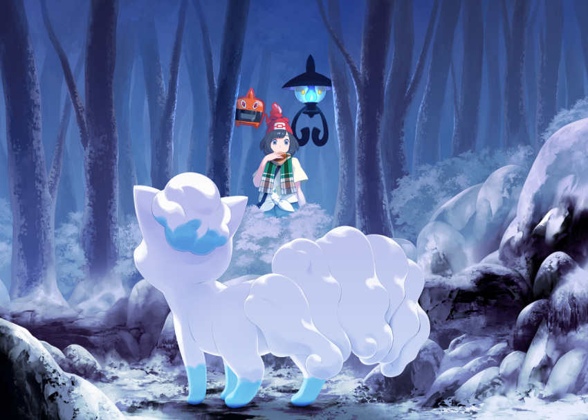 1girl alolan_vulpix black_hair blue_eyes blue_pants chandelure forest gen_7_pokemon hat mizuki_(pokemon) mk_(mikka) nature outdoors pants pokemon pokemon_(creature) pokemon_(game) pokemon_sm red_headwear rotom scarf shirt short_hair short_sleeves standing tied_shirt white_shirt winter