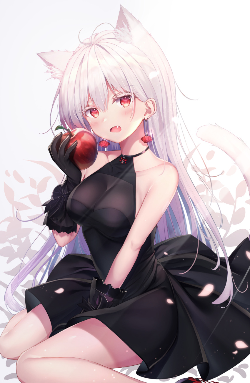 1girl :o absurdres animal_ear_fluff animal_ears antenna_hair apple bare_arms bare_shoulders black_dress black_gloves blush breasts cat_ears cat_girl cat_tail collarbone dress earrings fang food fruit gloves halter_dress highres holding holding_food holding_fruit jewelry kyubi long_hair looking_at_viewer medium_breasts open_mouth original red_eyes sitting sleeveless sleeveless_dress solo tail thighs very_long_hair wariza white_hair