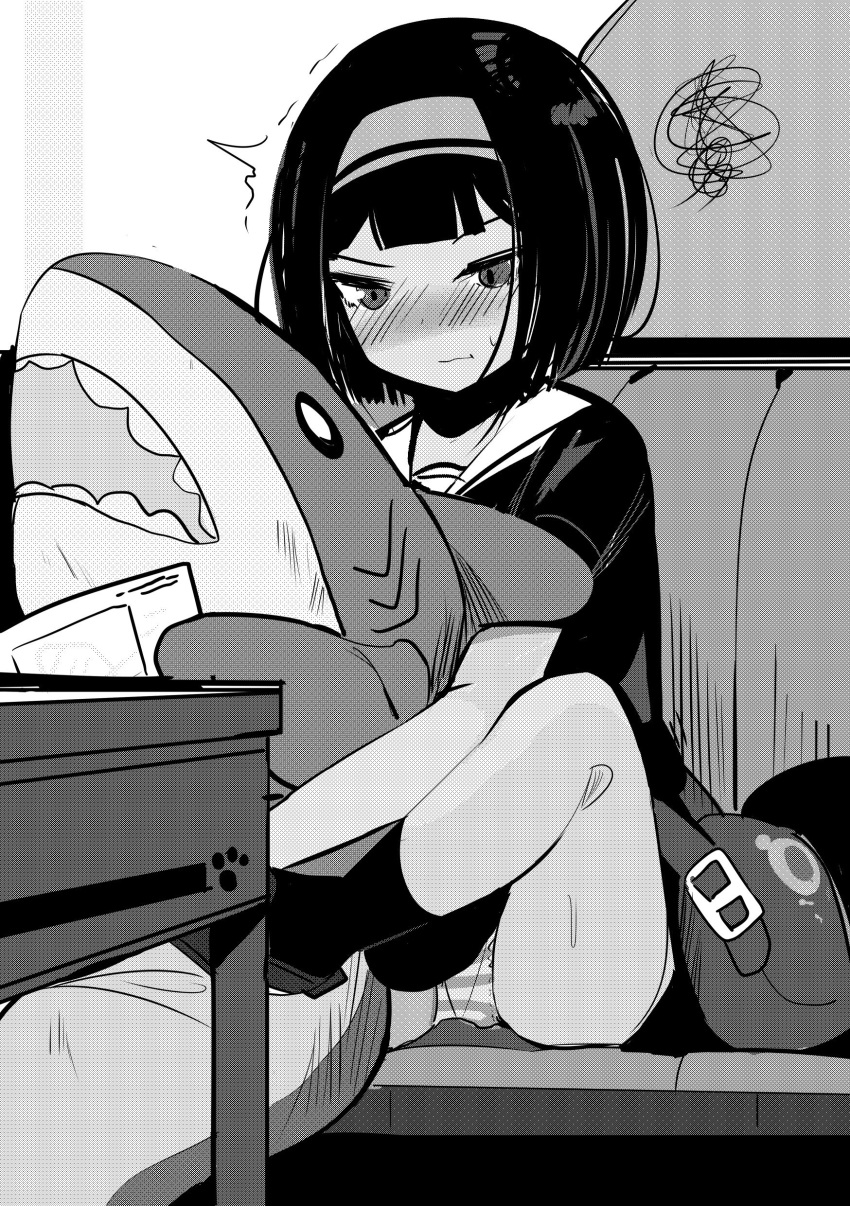 /\/\/\ 1girl :t absurdres bag bangs blush closed_mouth commentary_request dress eyebrows_behind_hair greyscale hairband highres looking_away looking_down monochrome nose_blush object_hug original panties pout sailor_dress shoes short_hair short_sleeves shoulder_bag sitting socks solo squiggle striped striped_panties stuffed_animal stuffed_shark stuffed_toy sweat toy_box-r underwear v-shaped_eyebrows