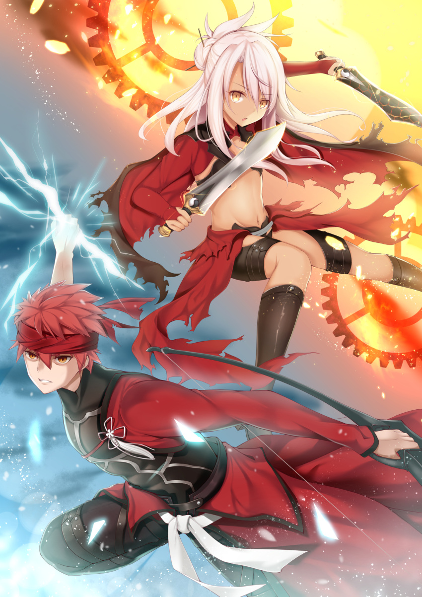 1boy 1girl black_bra black_legwear black_panties black_pants bow_(weapon) bra breasts chloe_von_einzbern collarbone emiya_shirou fate/kaleid_liner_prisma_illya fate_(series) floating_hair gears highres holding holding_bow_(weapon) holding_sword holding_weapon jacket kanshou_&amp;_bakuya kokuto_(kurousagi1210) long_hair long_sleeves midriff navel open_mouth panties pants redhead silver_hair small_breasts spiky_hair stomach strapless strapless_bra sword underwear weapon white_jacket yellow_eyes