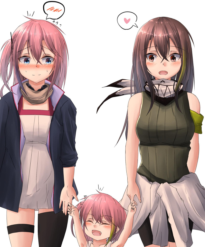 3girls artist_request bangs bare_shoulders black_eyes black_hair blue_eyes blush breasts closed_eyes clothes_around_waist girls_frontline green_hair gun hair_between_eyes heart highres holding holding_gun holding_weapon jacket jacket_around_waist long_hair m4a1_(girls_frontline) multicolored_hair multiple_girls one_side_up open_mouth pink_hair ribbed_sweater side_ponytail smile speech_bubble spoken_blush spoken_heart st_ar-15_(girls_frontline) streaked_hair sweater weapon