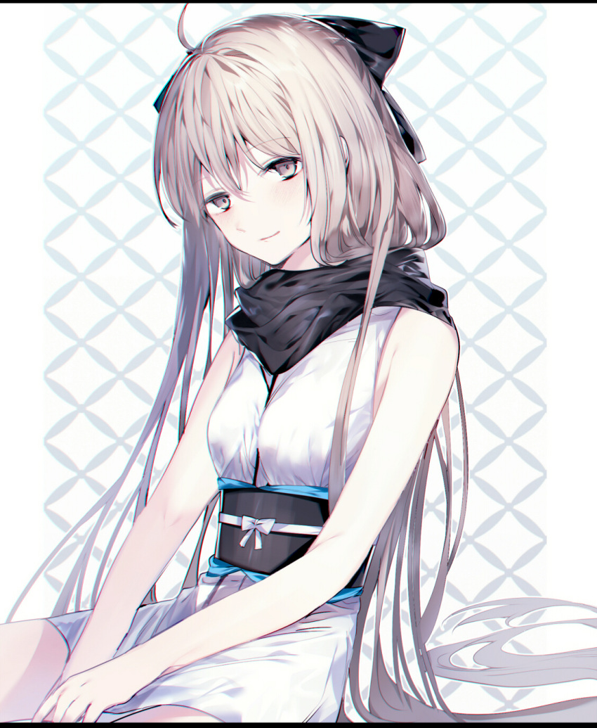 1girl alternate_hair_length alternate_hairstyle bangs bare_shoulders black_ribbon black_scarf commentary fate/grand_order fate_(series) hair_ribbon half-closed_eyes head_tilt highres japanese_clothes kimono koha-ace leo_(feeling_goooood) letterboxed light_smile long_hair looking_at_viewer obi okita_souji_(fate) okita_souji_(fate)_(all) ribbon sash scarf short_kimono silver_hair sitting sleeveless sleeveless_kimono solo very_long_hair yellow_eyes