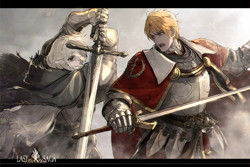 1boy 1girl armor belt black_cape blonde_hair cape gauntlets green_eyes grey_knight_julia grey_sky holding holding_sword holding_weapon laurel_knight_sylvester long_hair open_mouth outdoors pixiv_fantasia pixiv_fantasia_last_saga pointy_ears red_cape ryuuzaki_ichi sheath standing sword weapon white_hair