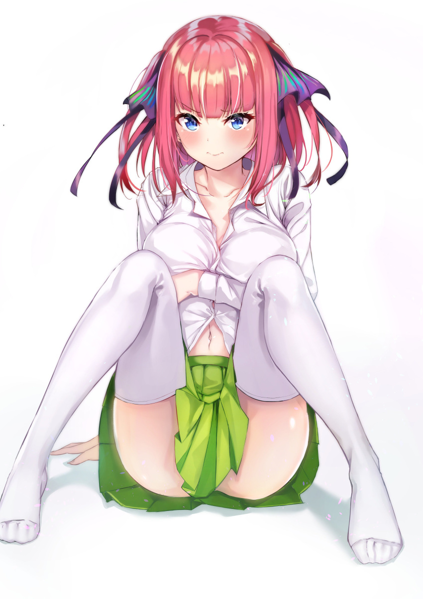 1girl absurdres bangs blue_eyes blunt_bangs blush breasts butterfly_hair_ornament closed_mouth collared_shirt commentary_request dress_shirt go-toubun_no_hanayome green_skirt hair_ornament hair_ribbon highres large_breasts looking_at_viewer nakano_nino navel okt8534 pink_hair pleated_skirt purple_ribbon ribbon shirt short_hair sitting skirt thigh-highs thighs unbuttoned white_shirt