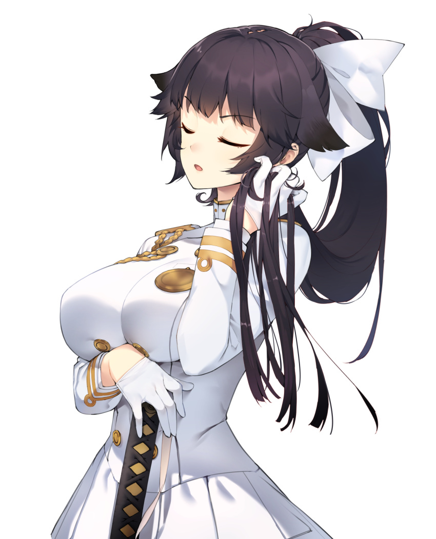 1girl aiguillette azur_lane black_hair bow breasts buttons closed_eyes coat cowboy_shot eho_(icbm) eyebrows_visible_through_hair gloves hair_bow hair_flaps hand_in_hair hand_on_hilt highres katana large_breasts long_hair long_sleeves military military_uniform open_mouth ponytail simple_background skirt solo sword takao_(azur_lane) taut_clothes uniform weapon white_background white_bow white_coat white_gloves white_skirt