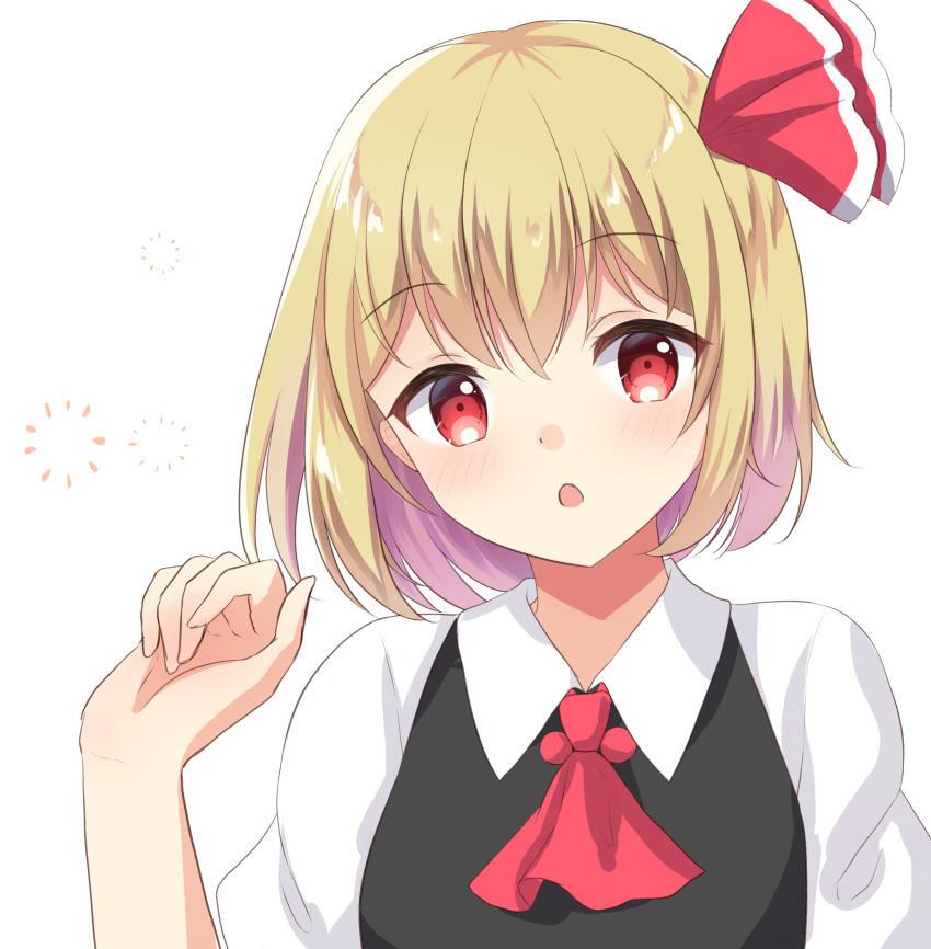 1girl :o arm_up black_vest blonde_hair blush breasts cravat eyebrows_visible_through_hair hair_between_eyes hair_ribbon head_tilt highres kurumi_lm looking_at_viewer red_eyes red_neckwear ribbon rumia shirt short_hair short_sleeves simple_background small_breasts solo touhou upper_body vest white_background white_shirt wing_collar