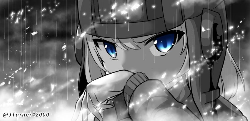 1girl blue_eyes blurry blurry_background commentary girls_und_panzer greyscale highres jumpsuit katyusha light_particles long_sleeves looking_at_viewer monochrome rain rebirth42000 short_hair solo spot_color tank_helmet wiping_mouth