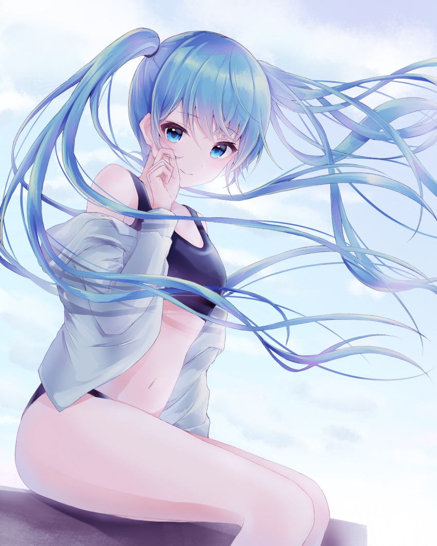 1girl absurdres bikini black_bikini blue_eyes blue_hair blurry blurry_background closed_mouth day eyebrows_visible_through_hair floating_hair hair_between_eyes hatsune_miku highres huge_filesize jacket long_hair long_sleeves looking_at_viewer navel off_shoulder open_clothes open_jacket outdoors ramunezake shiny shiny_hair sitting smile solo sports_bikini swimsuit twintails very_long_hair vocaloid white_jacket