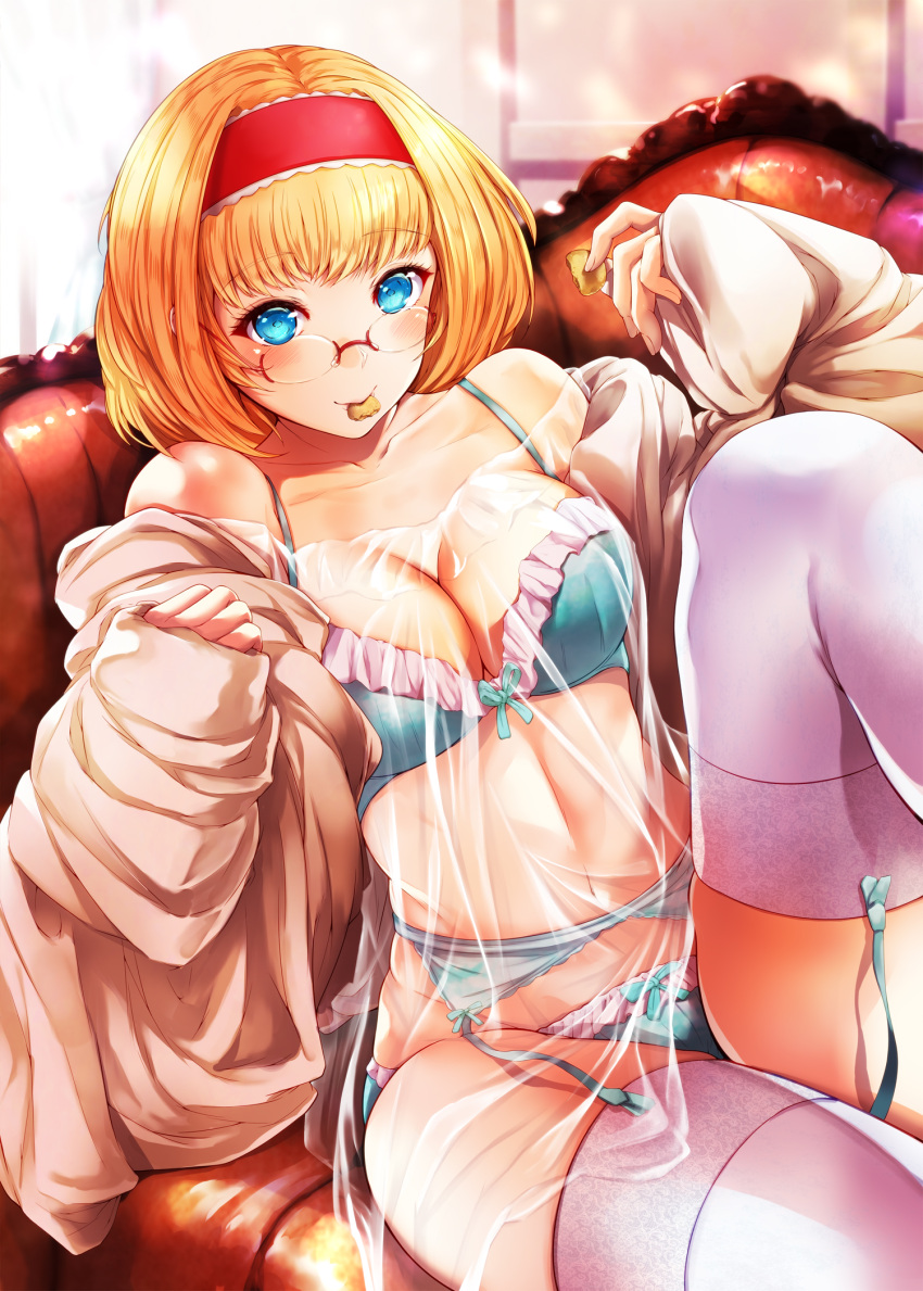 1girl alice_margatroid bare_shoulders bespectacled blonde_hair blue_bra blue_eyes blue_panties blush bow bow_panties bra commentary_request couch feet_out_of_frame garter_belt glasses grey_jacket hairband highres indoors jacket knee_up long_sleeves looking_at_viewer mayonaka_taruho mouth_hold navel off_shoulder panties red_hairband see-through short_hair sitting sleeves_past_wrists smile solo stomach thigh-highs thighs touhou underwear white_legwear