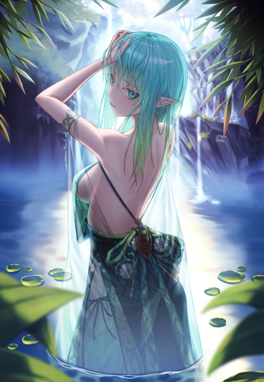 1girl armlet backless_outfit black_ribbon blue_eyes blue_hair breasts dlwhdals901 from_behind gradient_hair green_hair hand_on_head highres lake medium_breasts multicolored_hair original outdoors pointy_ears ribbon shiny shiny_hair sideboob solo standing wading
