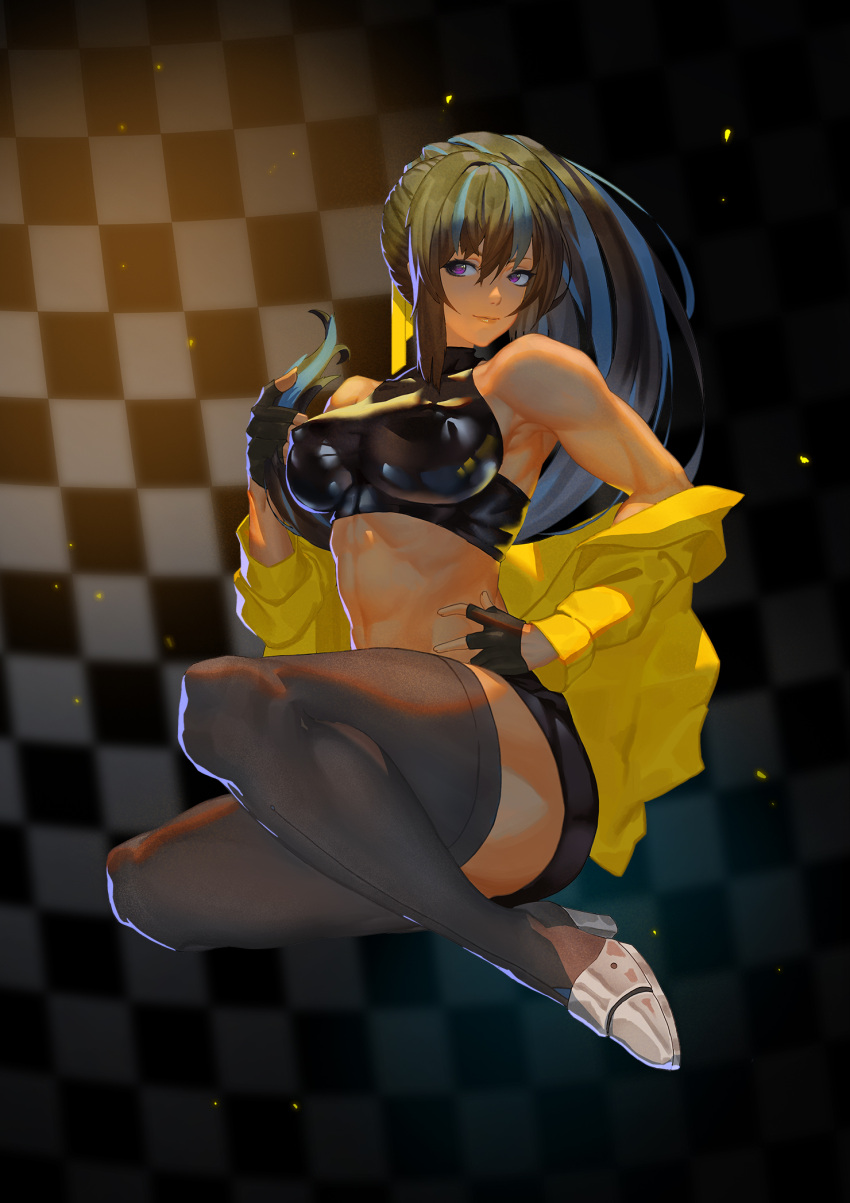 1girl abs armpits black_background breasts checkered checkered_background commentary_request crop_top dark_skin fingerless_gloves gloves green_hair high_heels highres jacket large_breasts leather midriff multicolored_hair muscle muscular_female navel off_shoulder original ponytail ray_(nagaseray) shorts smile solo streaked_hair tan thigh-highs violet_eyes yellow_jacket