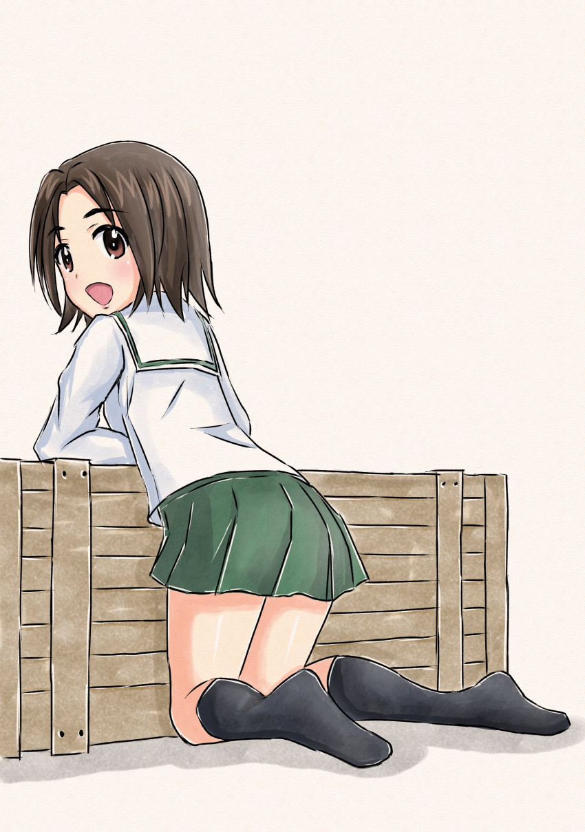 1girl :d absurdres arm_support bangs black_legwear blouse brown_eyes brown_hair commentary eyebrows_visible_through_hair from_behind girls_und_panzer green_skirt highres kneehighs kneeling leaning_forward long_sleeves looking_at_viewer looking_back miniskirt munisuke_(zrkt7883) no_shoes ooarai_school_uniform open_mouth parted_bangs pleated_skirt sawa_azusa school_uniform serafuku shadow short_hair skirt smile solo traditional_media white_background white_blouse