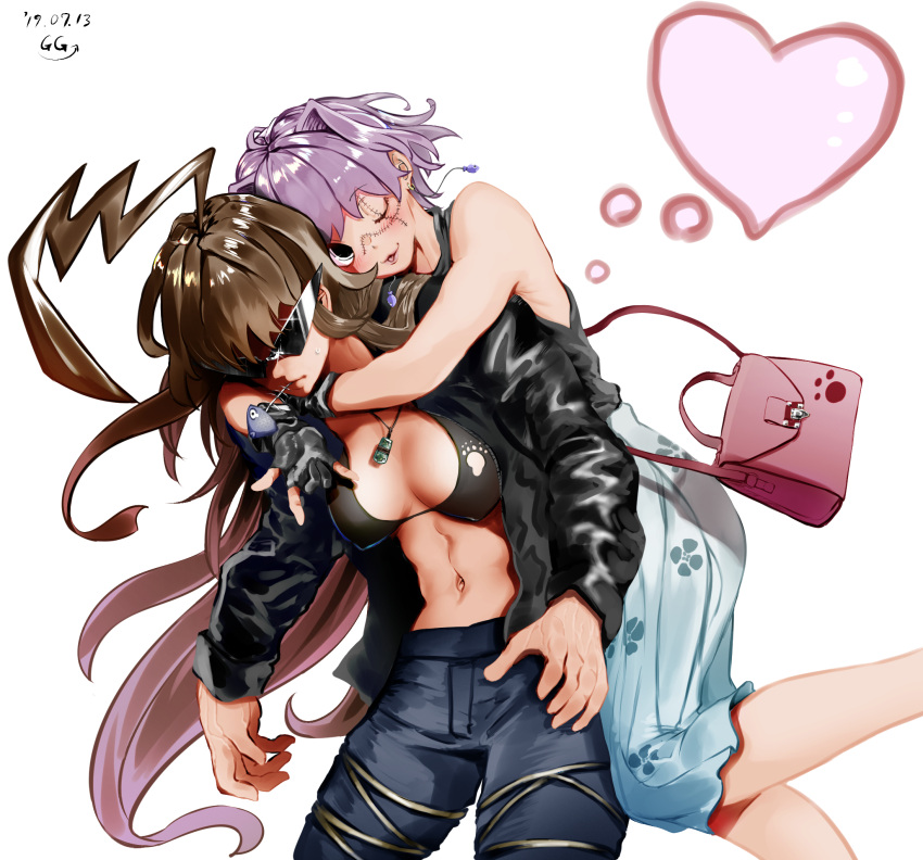 2girls :3 \m/ abs ahoge bag bikini_top blouse breasts brown_hair dated denim earrings fish_bone floral_print gegeron gloves handbag heart highres hug hug_from_behind huge_ahoge jacket jeans jewelry kantai_collection kuma_(kantai_collection) leather leather_jacket long_hair medium_breasts mouth_hold multiple_girls navel necklace one_eye_closed open_clothes open_jacket pants partly_fingerless_gloves paw_print purple_hair shirtless short_hair signature simple_background skirt sleeveless_blouse stitched_face stitches sunglasses tama_(kantai_collection) veiny_hands white_background