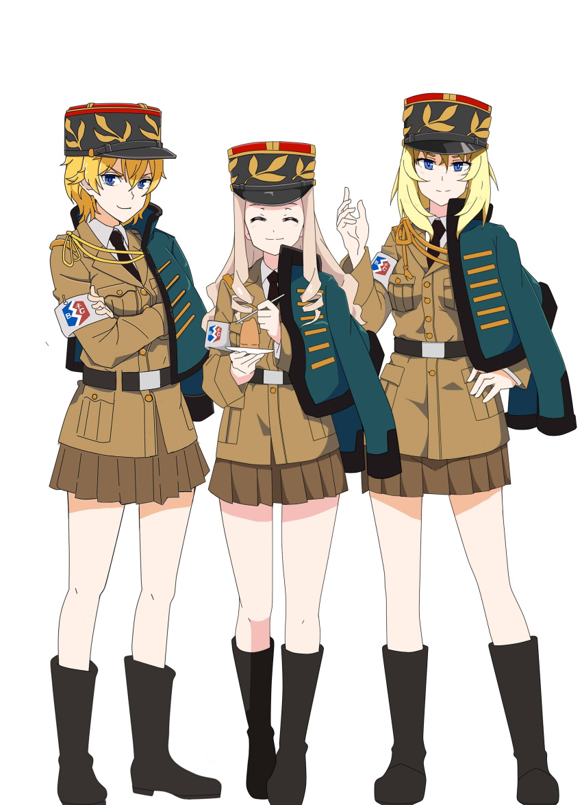 3girls absurdres aiguillette armband asparagus_(girls_und_panzer) bc_freedom_military_uniform belt black_belt black_footwear black_headwear black_neckwear blonde_hair blue_eyes blue_jacket boots brown_jacket brown_skirt cake closed_eyes color_connection crossed_arms dress_shirt drill_hair food fork girls_und_panzer girls_und_panzer_ribbon_no_musha hair_color_connection hand_on_hip hat highres holding holding_fork holding_saucer jacket jacket_on_shoulders kepi knee_boots long_hair long_sleeves looking_at_viewer marie_(girls_und_panzer) medium_hair military military_hat military_uniform miniskirt multiple_girls necktie oshida_(girls_und_panzer) perfect_han pleated_skirt shirt short_hair simple_background skirt smile smirk standing uniform v-shaped_eyebrows white_background white_shirt
