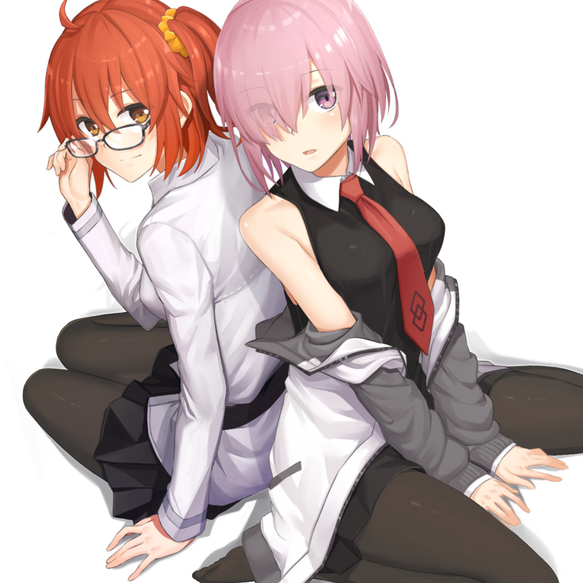 2girls black_legwear black_shirt black_skirt breasts commentary_request eyebrows_visible_through_hair eyes_visible_through_hair fate/grand_order fate_(series) from_side fujimaru_ritsuka_(female) glasses hair_over_one_eye highres jacket large_breasts long_sleeves mash_kyrielight multiple_girls necktie off_shoulder orange_eyes orange_hair pantyhose pink_eyes red_neckwear shirt short_hair shuutou_haruka simple_background sitting skirt white_background