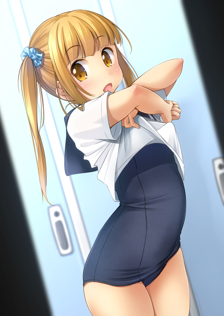 1girl :d bangs blonde_hair blue_sailor_collar blue_scrunchie blue_swimsuit blunt_bangs blurry blurry_background blurry_foreground blush brown_eyes commentary_request depth_of_field dutch_angle eyebrows_visible_through_hair hair_ornament hair_scrunchie highres leaning_forward locker locker_room long_hair looking_at_viewer old_school_swimsuit one-piece_swimsuit open_mouth original sailor_collar school_swimsuit school_uniform scrunchie serafuku shibacha shirt short_sleeves sidelocks smile solo swimsuit swimsuit_under_clothes twintails undressing white_shirt