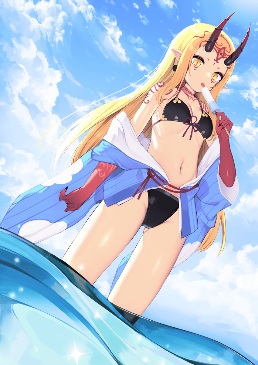 1girl absurdres bare_shoulders bikini black_bikini blonde_hair blue_jacket blue_sky breasts clouds cloudy_sky day dutch_angle earrings facial_mark fate/grand_order fate_(series) food front-tie_bikini front-tie_top halterneck highres holding ibaraki_douji_(fate/grand_order) jacket jewelry long_hair looking_at_viewer navel off_shoulder oni_horns open_clothes open_jacket outdoors pointy_ears popsicle sidelocks sky small_breasts solo standing stomach sunlight swimsuit tattoo thighs tongue tongue_out tttanggvl very_long_hair wading water yellow_eyes