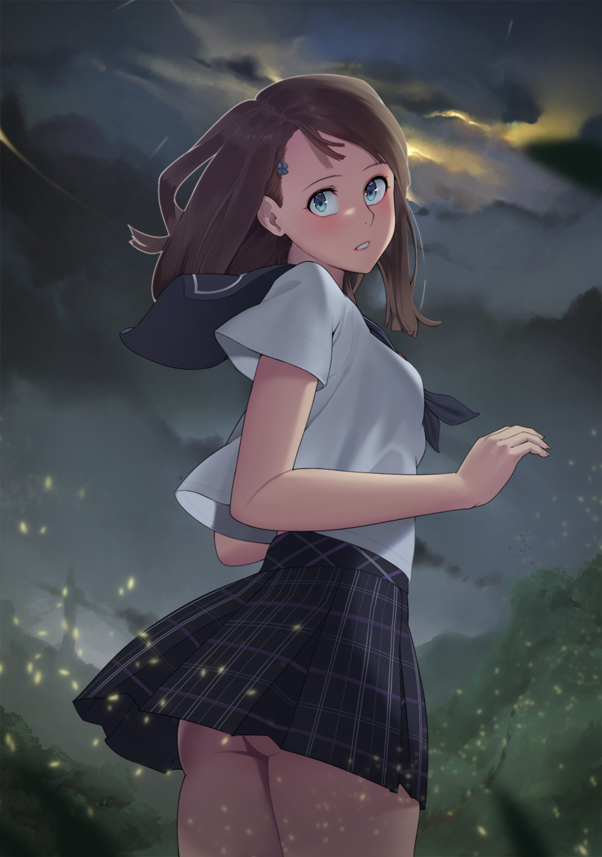 1girl ass backlighting bangs blue_eyes blush breasts brown_hair clouds cloudy_sky cowboy_shot from_behind hair_ornament hairclip head_tilt highres looking_at_viewer looking_back neckerchief night no_panties original outdoors parted_bangs parted_lips plaid plaid_skirt pleated_skirt sailor_collar school_uniform serafuku short_sleeves skirt sky solo standing twisted_torso wind yeedee