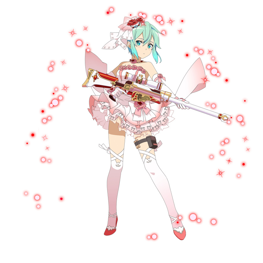 1girl blue_eyes blue_hair butler closed_mouth dress elbow_gloves full_body gloves gun hair_between_eyes highres holding holding_gun holding_weapon layered_dress looking_at_viewer official_art pgm_hecate_ii pink_dress pink_footwear pink_ribbon ribbon shiny shiny_hair short_dress short_hair sidelocks sinon sleeveless sleeveless_dress solo striped striped_dress sword_art_online thigh_strap transparent_background two-tone_dress weapon wedding_dress white_dress white_gloves white_legwear