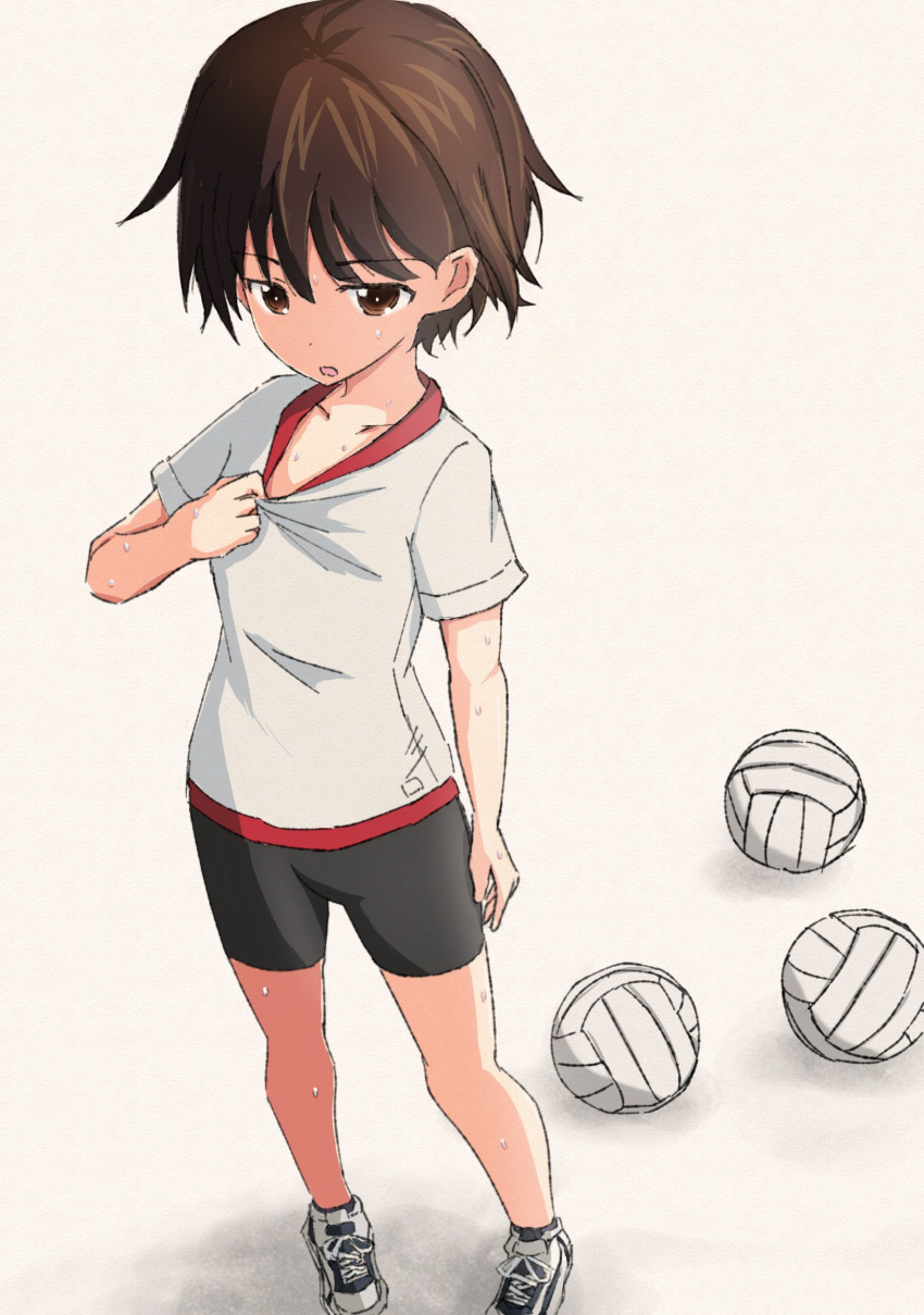 1girl absurdres bangs bike_shorts black_shorts brown_eyes brown_hair collar_tug commentary eyebrows_visible_through_hair frown girls_und_panzer gym_shirt gym_uniform highres isobe_noriko looking_at_viewer munisuke_(zrkt7883) no_socks open_mouth shadow shirt shoes short_hair short_shorts short_sleeves shorts sneakers solo standing sweat t-shirt traditional_media volleyball white_background white_footwear white_shirt