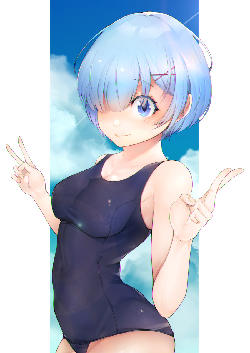 1girl absurdres bangs bare_arms bare_shoulders blue_eyes blue_hair blue_swimsuit blush breasts clouds collarbone commentary_request eyebrows_visible_through_hair from_side hair_ornament hair_over_one_eye highres large_breasts looking_at_viewer nanase_akira_(ekmm4442) re:zero_kara_hajimeru_isekai_seikatsu rem_(re:zero) ribbon short_hair smile solo swimsuit v x_hair_ornament