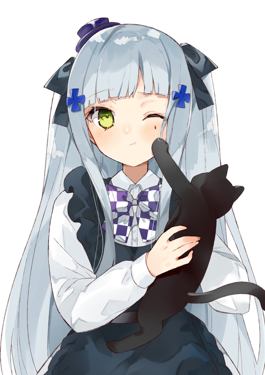 1girl animal black_bow black_cat blush bow cat checkered checkered_bow closed_mouth collared_shirt commentary_request dress_shirt facial_mark girls_frontline hair_bow hair_ornament hasegawa_(rarairairai) hat highres hk416_(girls_frontline) holding holding_animal long_hair long_sleeves mini_hat one_eye_closed purple_headwear shirt silver_hair simple_background skirt solo tilted_headwear upper_body very_long_hair white_background white_shirt white_skirt
