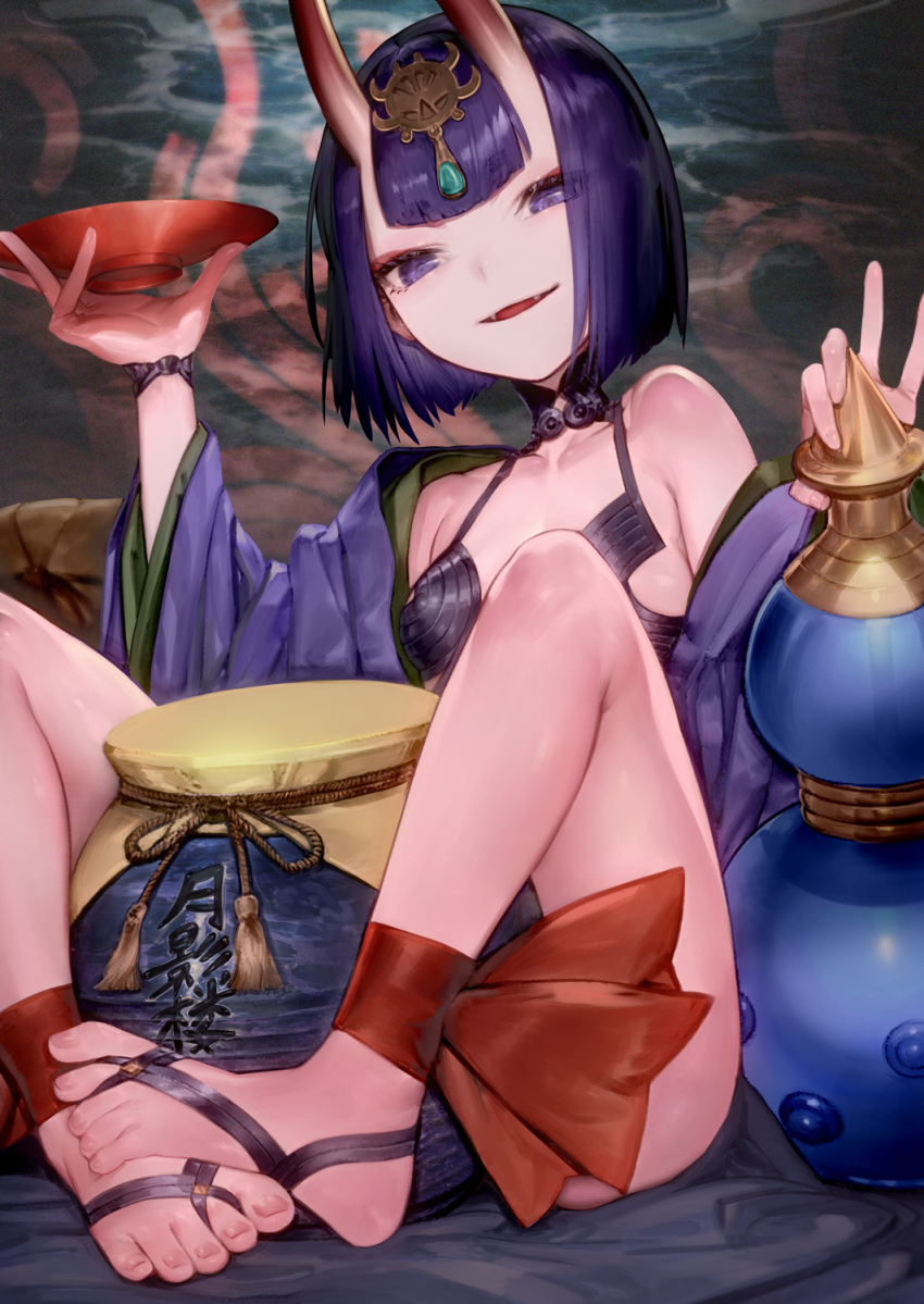 1girl alcohol ankle_ribbon aos bangs bare_shoulders barefoot between_legs bob_cut breasts collarbone cup eyebrows_visible_through_hair eyeliner eyeshadow fangs fate_(series) feet gourd headpiece highres horns japanese_clothes kimono looking_at_viewer makeup oni oni_horns open_clothes open_kimono open_mouth purple_hair purple_kimono revealing_clothes ribbon sakazuki sake short_eyebrows short_hair shuten_douji_(fate/grand_order) sitting small_breasts smile solo toes violet_eyes