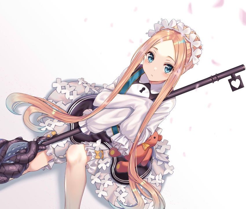 1girl abigail_williams_(fate/grand_order) absurdres bangs black_dress blonde_hair blue_eyes blush braid butterfly_hair_ornament closed_mouth commentary dress eyebrows_visible_through_hair fate/grand_order fate_(series) hair_ornament heart heroic_spirit_chaldea_park_outfit highres knee_up long_hair long_sleeves looking_at_viewer parted_bangs petals shirt sidelocks sitting sleeveless sleeveless_dress sleeves_past_fingers sleeves_past_wrists solo stuffed_animal stuffed_toy suction_cups teddy_bear tentacles user_yjmv4437 very_long_hair white_background white_shirt