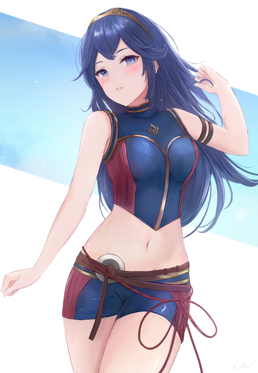 1girl adapted_costume arm_strap blue_background blue_eyes blue_hair blush breasts cowboy_shot crop_top fire_emblem fire_emblem_awakening hairband hand_in_hair highres leonmandala long_hair looking_at_viewer lucina medium_breasts midriff navel parted_lips short_shorts shorts signature sleeveless solo string symbol-shaped_pupils taut_clothes thighs two-tone_background white_background