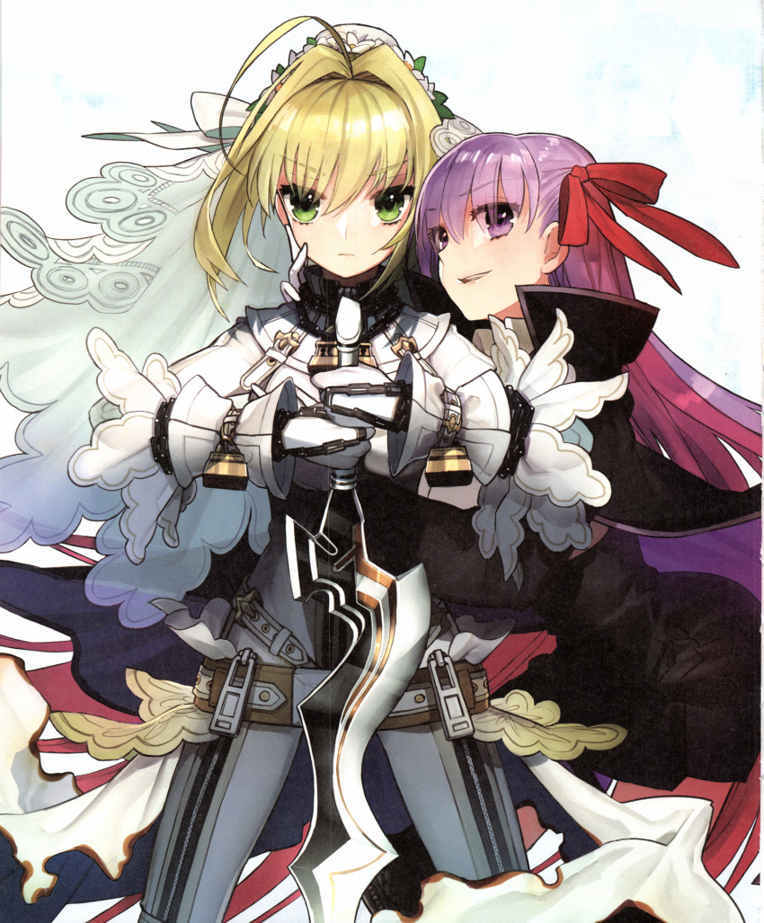 2girls aestus_estus ahoge bangs bb_(fate)_(all) bb_(fate/extra_ccc) belt black_legwear black_skirt blonde_hair bodysuit bridal_veil chain eyebrows_visible_through_hair fate/extra fate/extra_ccc fate_(series) flower gloves green_eyes hair_ribbon highres holding holding_sword holding_weapon hug lock long_hair long_sleeves looking_at_viewer multiple_girls nero_claudius_(bride)_(fate) nero_claudius_(fate)_(all) official_art open_mouth padlock purple_hair red_ribbon ribbon scan serious skirt smile sword thigh-highs veil very_long_hair violet_eyes wada_aruko weapon white_bodysuit white_gloves zipper