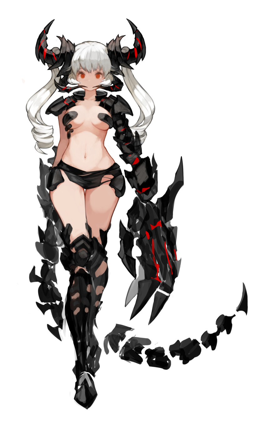 1girl absurdres armor bangs black_armor black_horns black_legwear black_skirt breasts collarbone curled_horns dragon_girl dragon_horns dragon_tail drill_hair full_body groin highres horns kkaebing kneehighs long_hair looking_at_viewer medium_breasts microskirt navel no_mouth no_pupils orange_eyes original shoulder_armor simple_background skirt solo tail thigh_gap thighs torn_clothes torn_skirt twin_drills twintails under_boob white_background white_hair