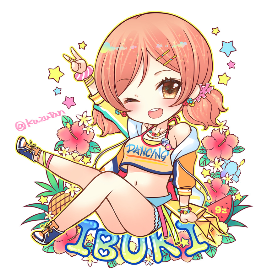 1girl ;d arm_up bangs blue_footwear blue_shorts blush boots breasts brown_eyes brown_hair character_name chibi clothes_writing crop_top cropped_jacket eyebrows_visible_through_hair flower hair_ornament hairclip idolmaster idolmaster_cinderella_girls jacket komatsu_ibuki long_sleeves medium_breasts midriff navel one_eye_closed open_clothes open_jacket open_mouth orange_jacket parted_bangs pocopoco puffy_long_sleeves puffy_sleeves red_flower round_teeth short_shorts short_twintails shorts smile solo star teeth twintails twitter_username upper_teeth