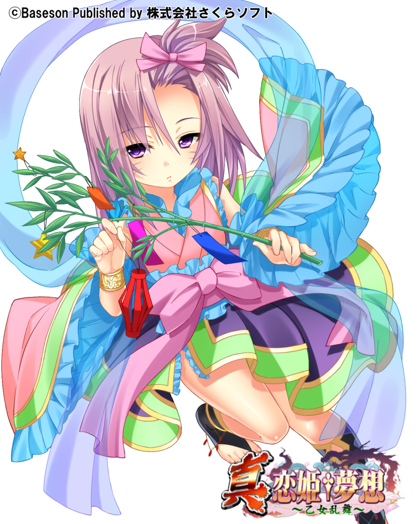 (#)w(#) 1girl black_legwear bow facial_mark forehead hair_bow highres japanese_clothes jokou kimono kneehighs knees_together_feet_apart koihime_musou long_hair obi official_art pink_hair pink_kimono purple_kimono ribbon sash side_ponytail simple_background solo toeless_legwear toes violet_eyes white_background