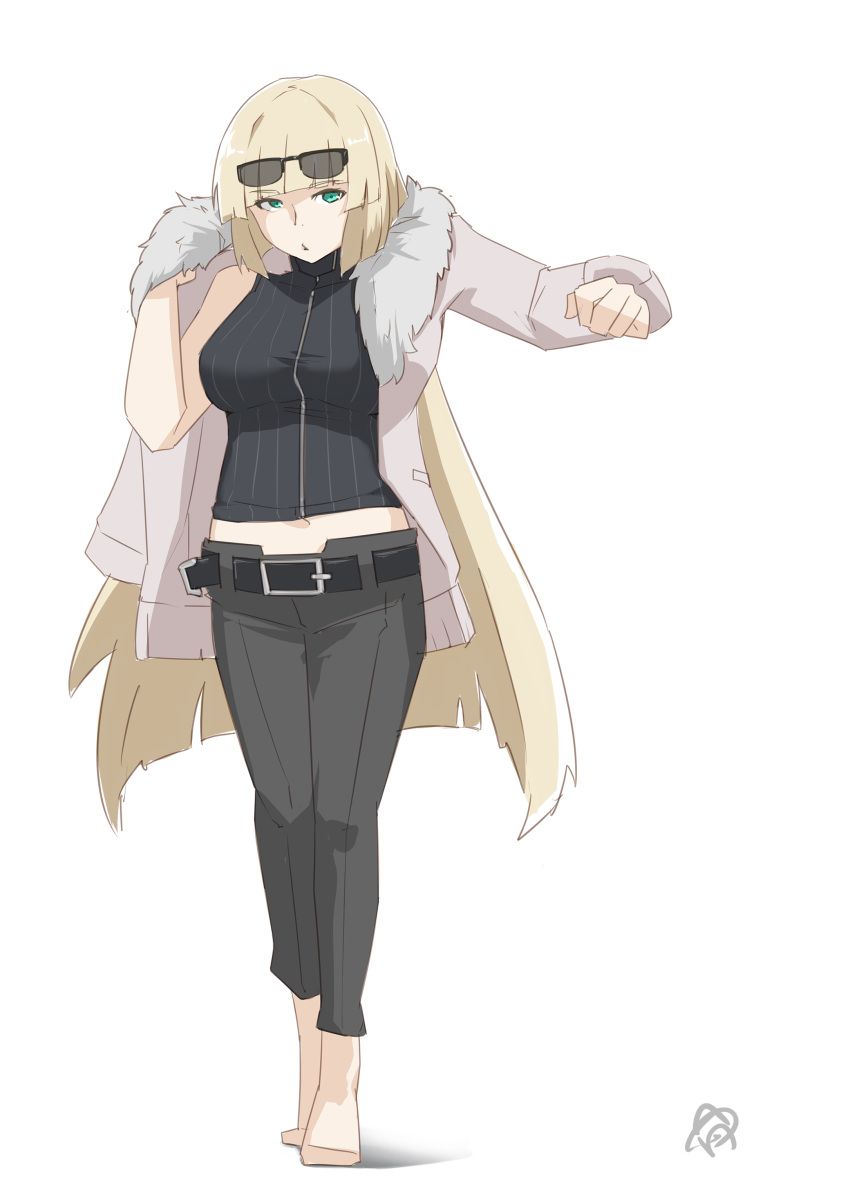 1girl absurdres alternate_costume bangs belt belt_buckle black_pants blunt_bangs blunt_ends breasts buckle casual contemporary dressing eyewear_on_head full_body fur-trimmed_jacket fur_trim girls_frontline green_eyes highres hime_cut jacket lavender_jacket long_hair looking_at_viewer medium_breasts navel no_shoes pants shirt signature simple_background sleeveless sleeveless_turtleneck solo striped striped_shirt sunglasses svt-38_(girls_frontline) turtleneck vertical-striped_shirt vertical_stripes very_long_hair wahen-s walking white_background