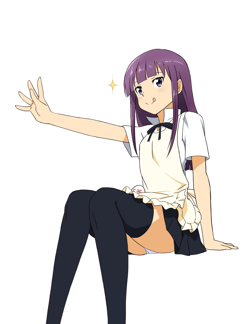 1girl :q absurdres apron bangs black_legwear black_skirt blue_eyes blunt_bangs collar_up commentary_request feet_out_of_frame highres kita_(pixiv61555) long_hair looking_at_viewer neck_ribbon outstretched_hand panties pantyshot pantyshot_(sitting) pleated_skirt purple_hair ribbon shirt short_sleeves sidelocks simple_background sitting skirt solo sparkle thigh-highs tongue tongue_out underwear very_long_hair white_background white_panties white_shirt working!! yamada_aoi