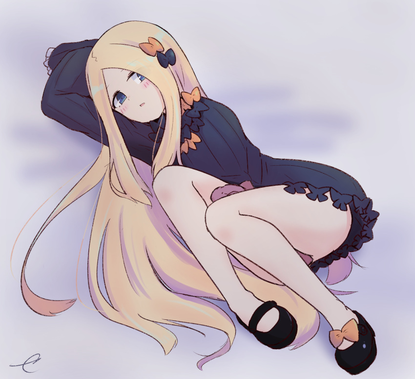 1girl abigail_williams_(fate/grand_order) arm_up ass bangs black_bow black_dress black_footwear blonde_hair blue_eyes blush bow bug butterfly commentary_request dress eyebrows_visible_through_hair fate/grand_order fate_(series) forehead hair_bow highres insect kujou_karasuma long_hair long_sleeves looking_at_viewer lying no_hat no_headwear on_side orange_bow parted_bangs parted_lips shoes signature sleeves_past_fingers sleeves_past_wrists solo stuffed_animal stuffed_toy teddy_bear very_long_hair