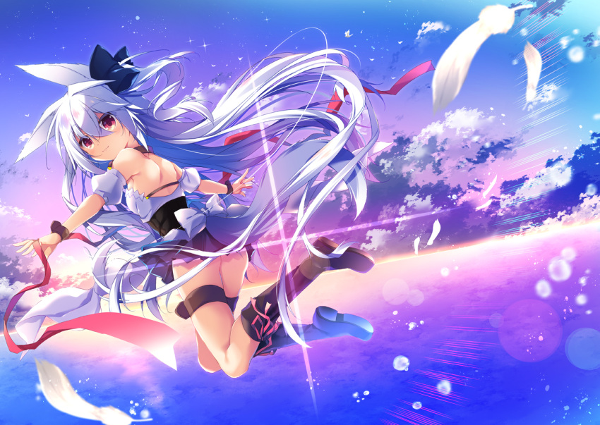 1girl animal_ears backless_outfit bangs bare_shoulders black_footwear blue_skirt boots bow character_request closed_mouth clouds cloudy_sky commentary_request detached_sleeves eyebrows_visible_through_hair fox_ears fox_girl fox_tail hair_between_eyes hakoniwa_oukoku_no_souzoushu-sama horizon knee_boots long_hair looking_at_viewer looking_back nanamomo_rio outdoors pleated_skirt puffy_short_sleeves puffy_sleeves purple_sky red_eyes red_ribbon ribbon shoe_soles short_sleeves silver_hair skirt sky smile solo sunset tail very_long_hair white_bow white_sleeves wrist_cuffs
