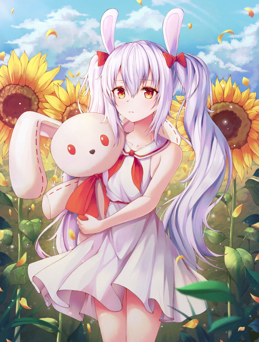 1girl azur_lane bare_arms bare_shoulders blue_sky bow bunny_hair_ornament closed_mouth clouds cloudy_sky collarbone cowboy_shot day doroshi dress flower hair_bow hair_ornament highres laffey_(azur_lane) leaf leaves_in_wind long_hair looking_at_viewer meadow orange_eyes outdoors red_ribbon ribbon sailor_dress sky sleeveless sleeveless_dress solo standing stuffed_animal stuffed_bunny stuffed_toy sunflower twintails very_long_hair white_dress white_hair yellow_flower