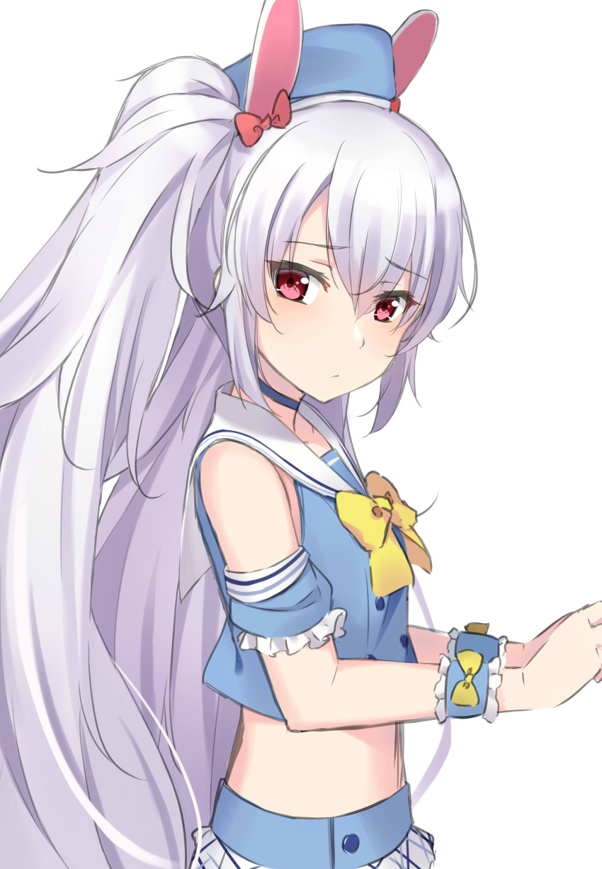 1girl absurdres animal_ears azur_lane bangs bare_shoulders blue_headwear blue_shirt blue_sleeves blush bow closed_mouth commentary_request crop_top detached_sleeves eyebrows_visible_through_hair hair_between_eyes hat highres kohakope laffey_(azur_lane) long_hair looking_at_viewer looking_to_the_side midriff pleated_skirt puffy_short_sleeves puffy_sleeves rabbit_ears red_eyes school_uniform serafuku shirt short_sleeves sidelocks silver_hair simple_background skirt sleeveless sleeveless_shirt solo twintails very_long_hair white_background white_skirt wrist_cuffs yellow_bow